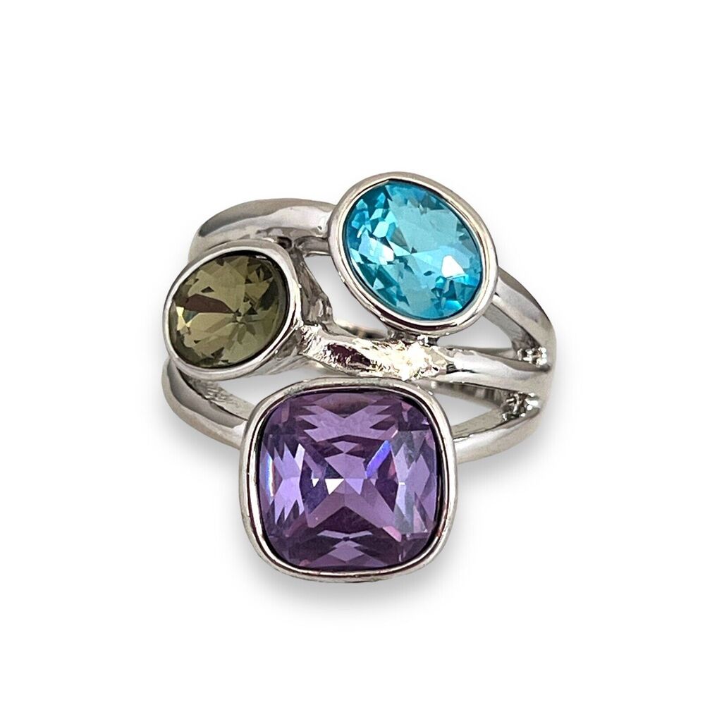 New Statement Ring Size 9 Silver Tone Multicolor Blue Green Purple - 2U